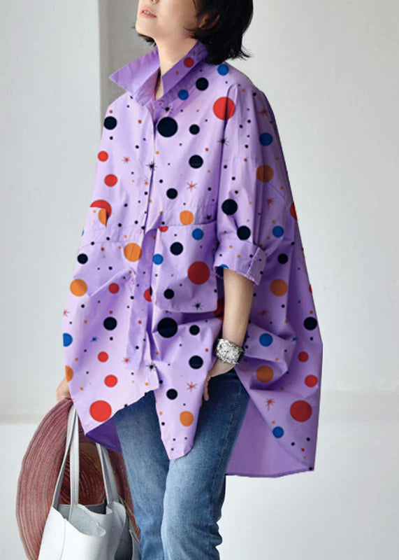 Pink Crane Peter Pan Collar Low High Design Cotton Shirt Long Sleeve - Omychic