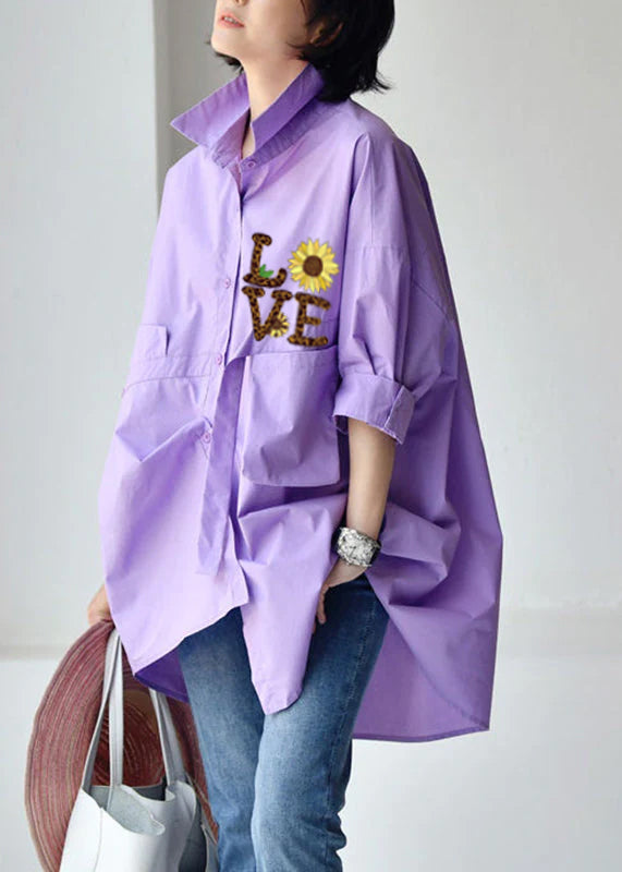 Pink Crane Peter Pan Collar Low High Design Cotton Shirt Long Sleeve - Omychic