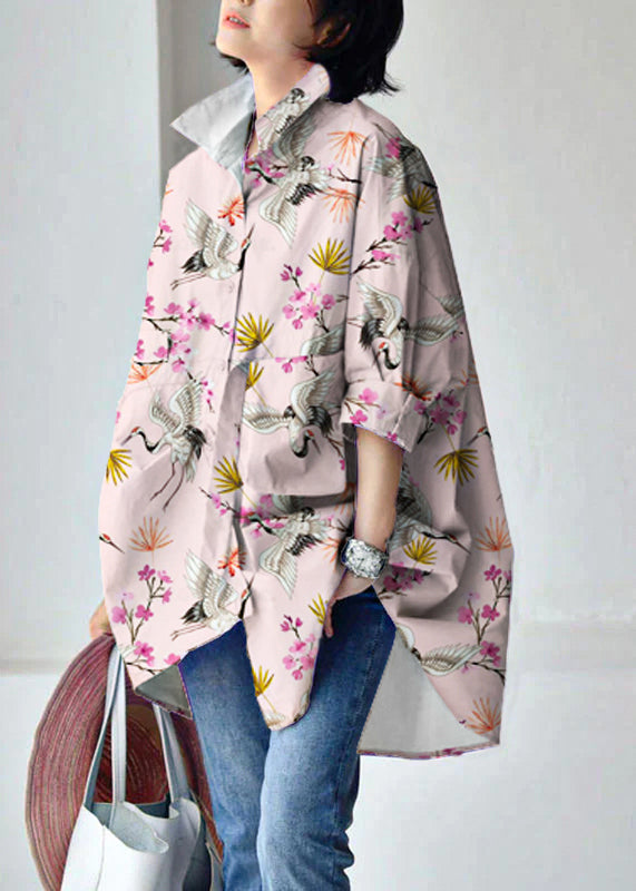 Pink Crane Peter Pan Collar Low High Design Cotton Shirt Long Sleeve - Omychic