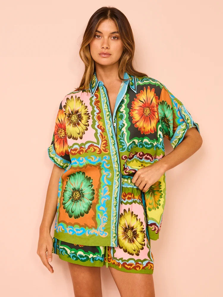 Loose Casual Daisy Flower Print Linen Two-piece Suit