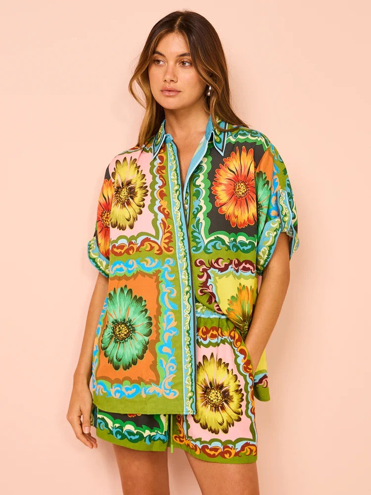 Loose Casual Daisy Flower Print Linen Two-piece Suit