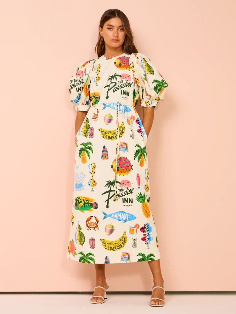 Printed Loose Casual Tie Slit Dress Puff Sleeve