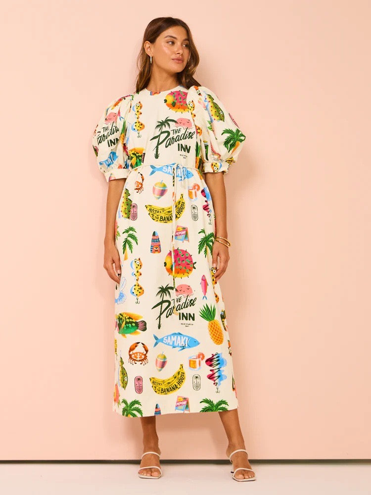 Printed Loose Casual Tie Slit Dress Puff Sleeve