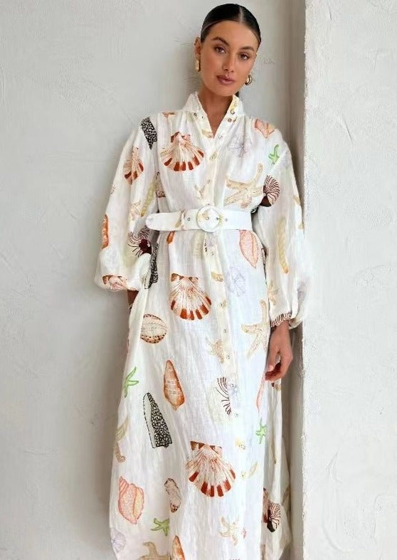 Long Casual Lantern Sleeve Fashion Printed Shirt Dress