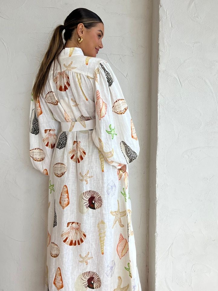 Long Casual Lantern Sleeve Fashion Printed Shirt Dress