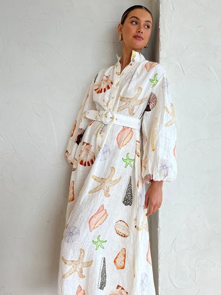 Long Casual Lantern Sleeve Fashion Printed Shirt Dress