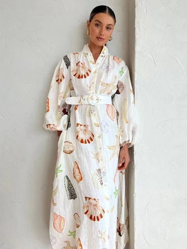 Long Casual Lantern Sleeve Fashion Printed Shirt Dress