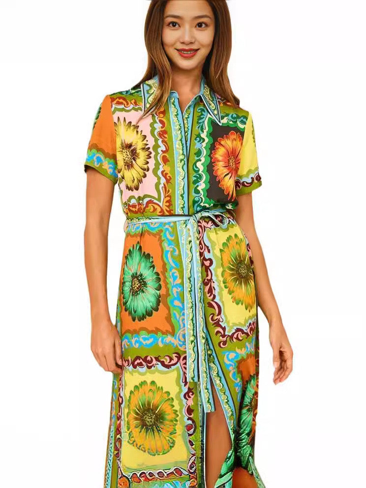 Printed Short-sleeve Loose Casual Lace-up Maxi Shirt Dress