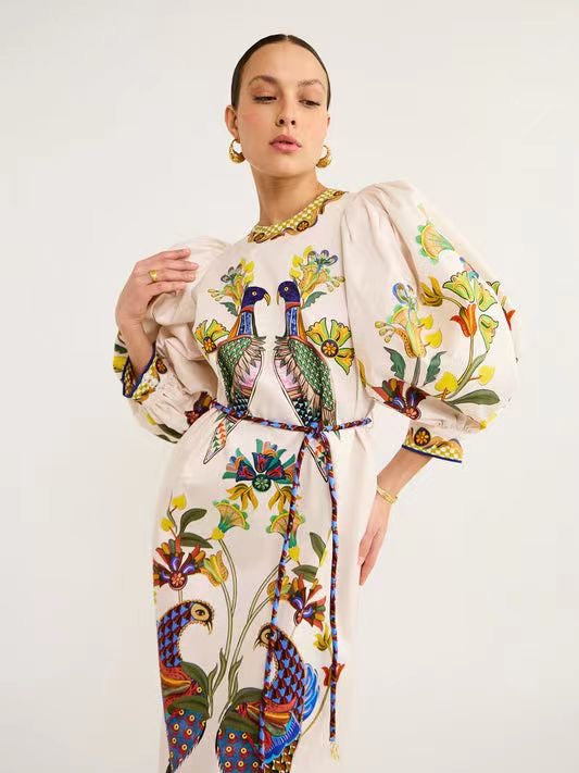 Puff Sleeve Loose Casual Printed Tie Slit Dress