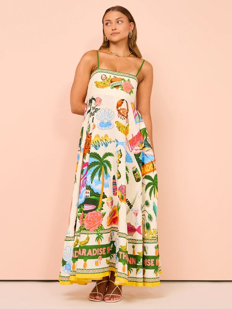 Women Suspender Graffiti Cotton and Linen Print Maxi Dress