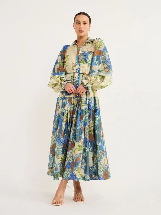 Graffiti Print Lace-up Waist Ruffled Sleeve Maxi Dress