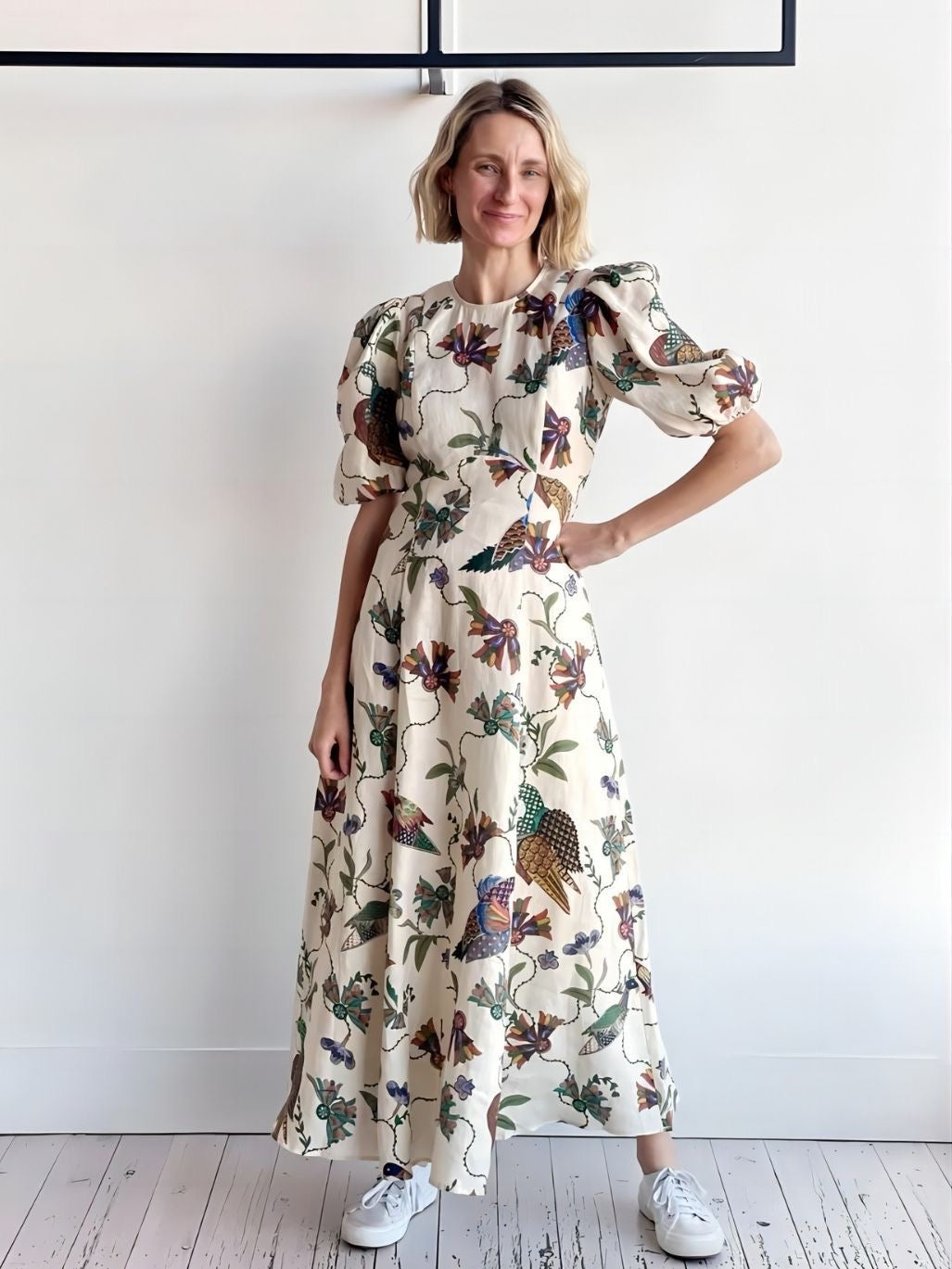 Casual Bird Pattern Print Slim Fit Versatile Dress Short Sleeve