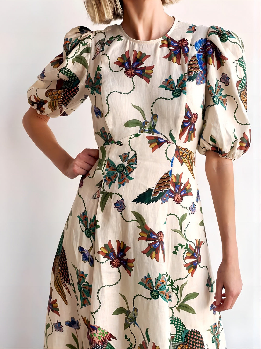 Casual Bird Pattern Print Slim Fit Versatile Dress Short Sleeve