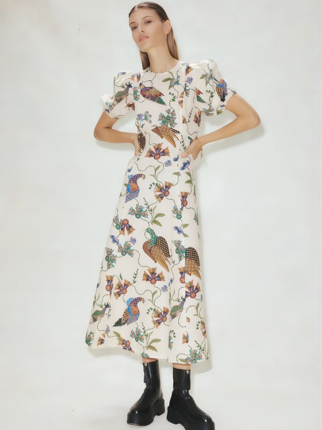 Casual Bird Pattern Print Slim Fit Versatile Dress Short Sleeve