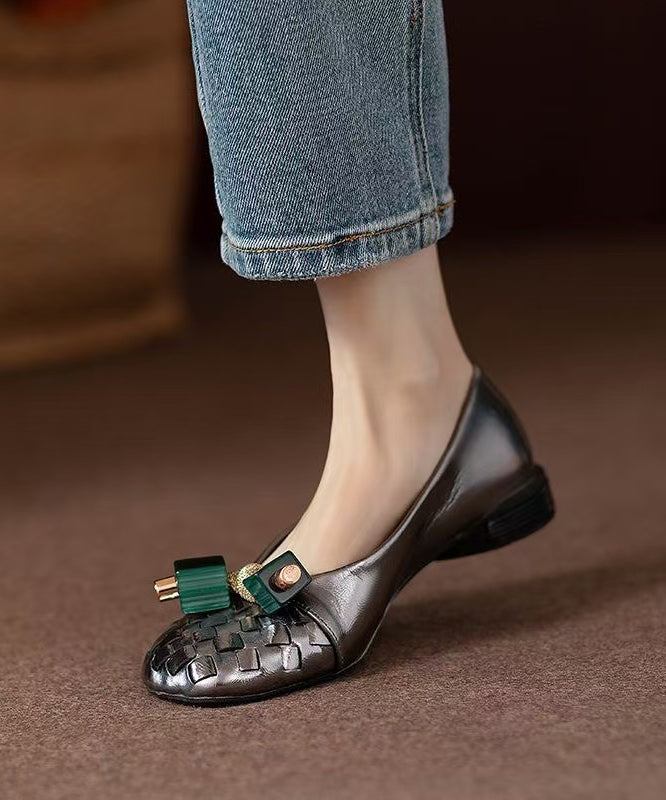 2025 Comfortable Gun Color Beaded Bow Flat Shoes