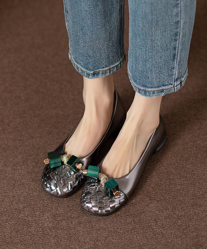 2025 Comfortable Gun Color Beaded Bow Flat Shoes