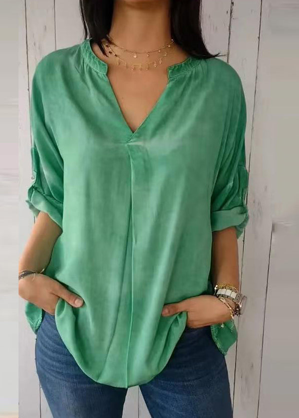 2025 Green V Neck Solid Shirt Short Sleeve