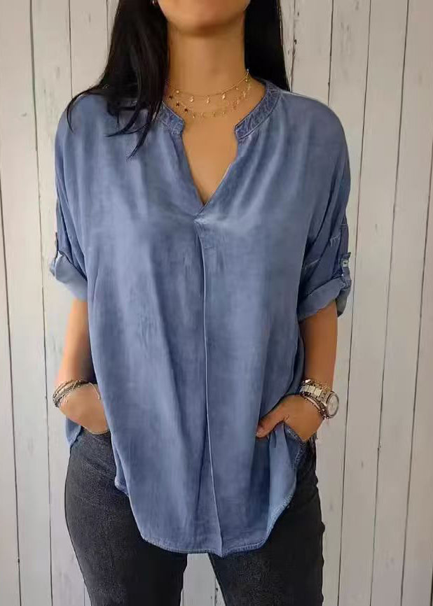2025 Green V Neck Solid Shirt Short Sleeve