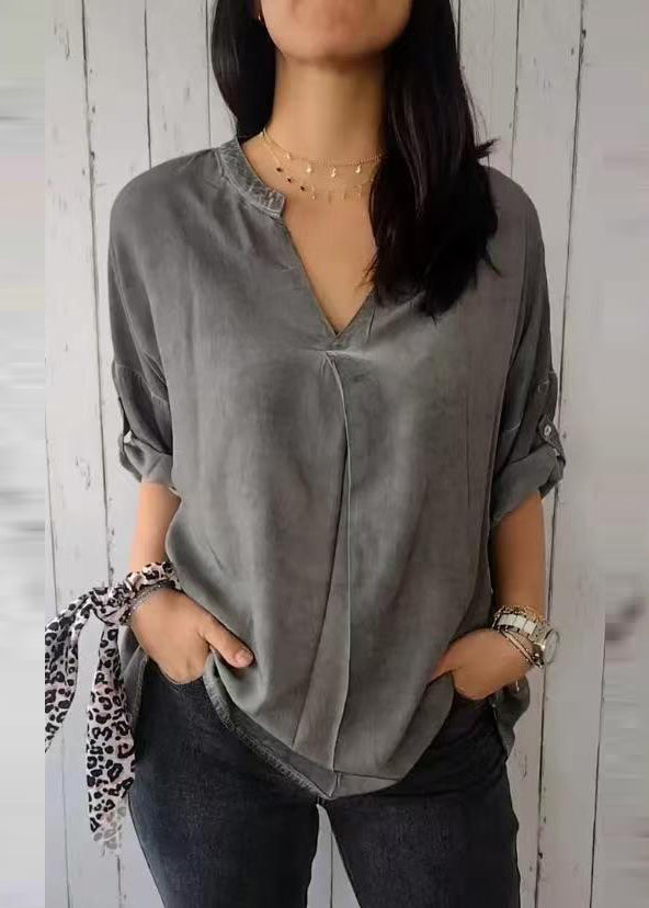 2025 Green V Neck Solid Shirt Short Sleeve