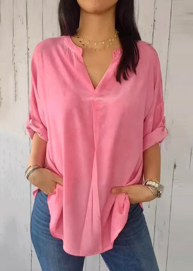 2025 Green V Neck Solid Shirt Short Sleeve