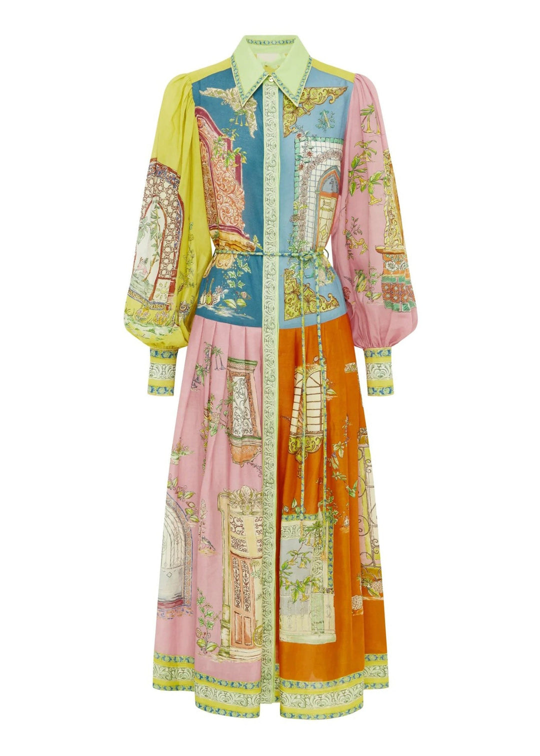 2025 Lantern Sleeve Graffiti Printed Wrinkled Lace Up Dress