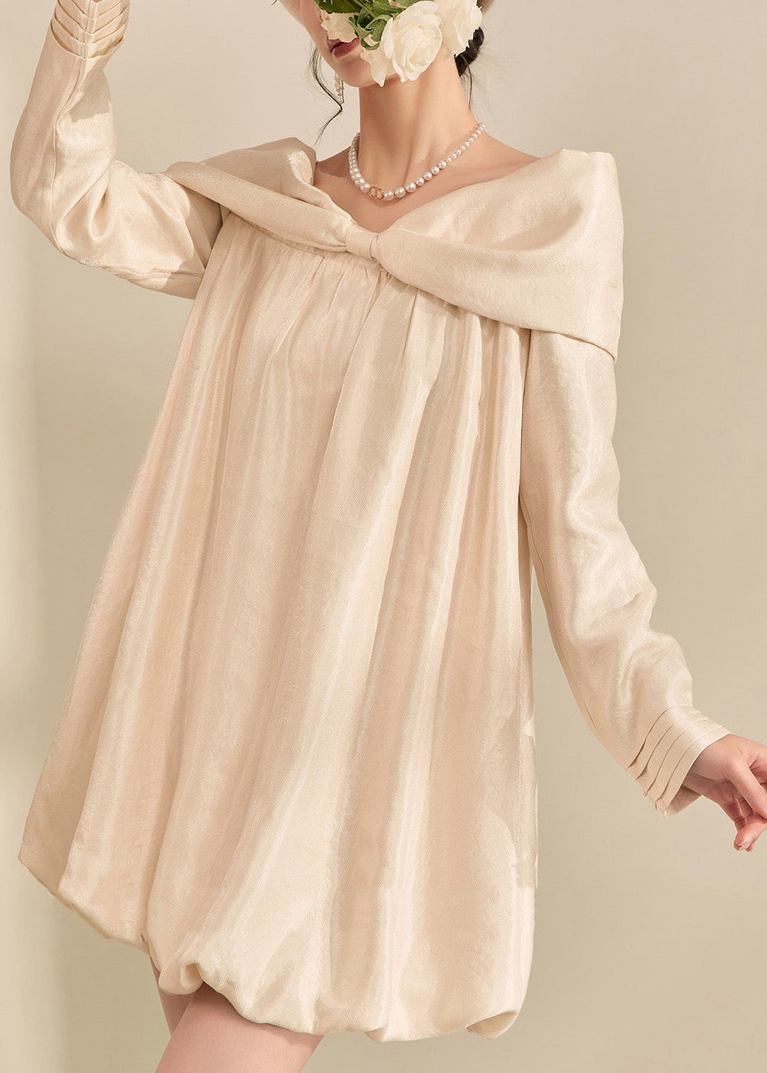 2025 New Apricot Bow Mid Dress Fall
