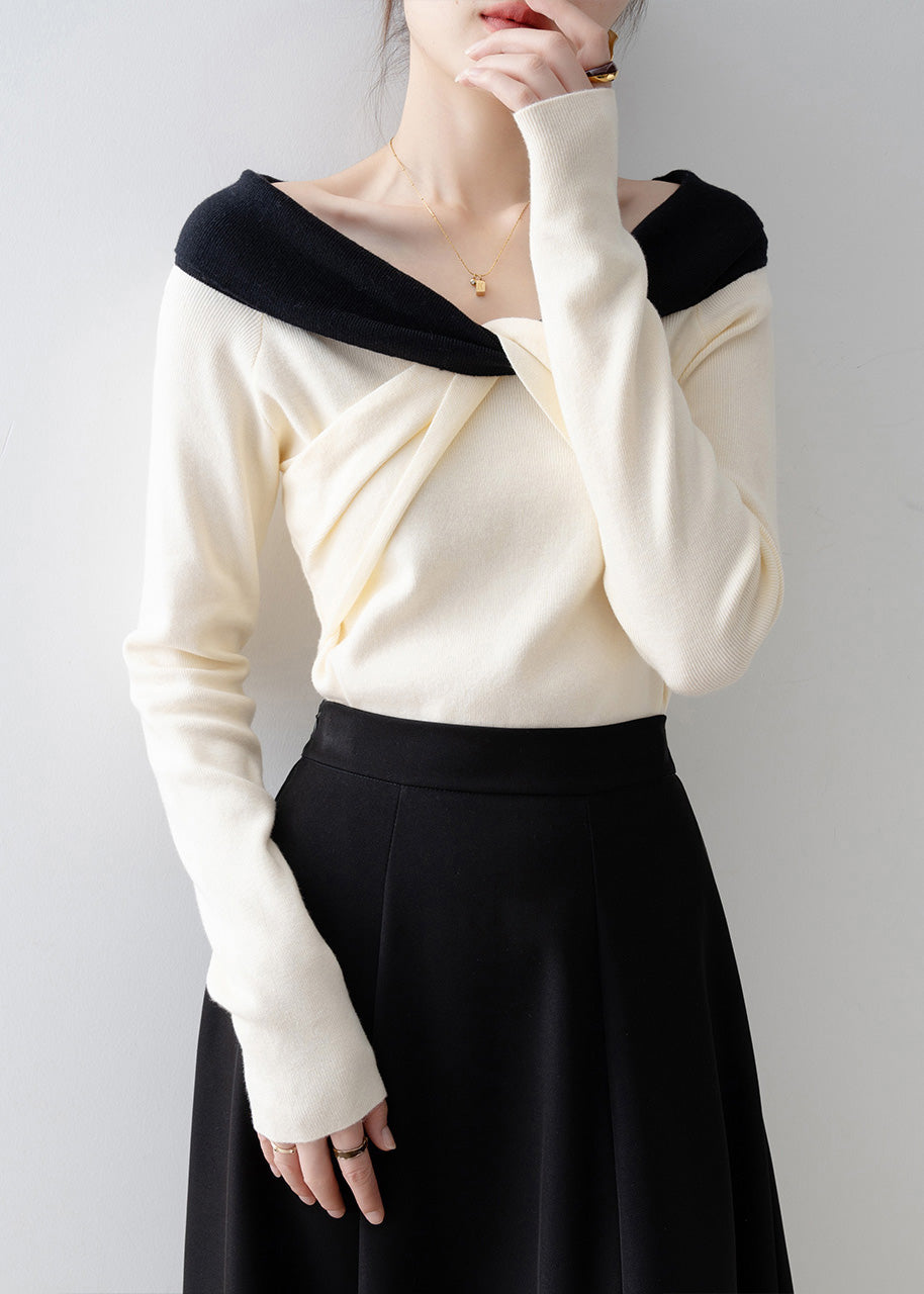 2025 New Beige Slash Neck Slim Cross Knit Top Spring