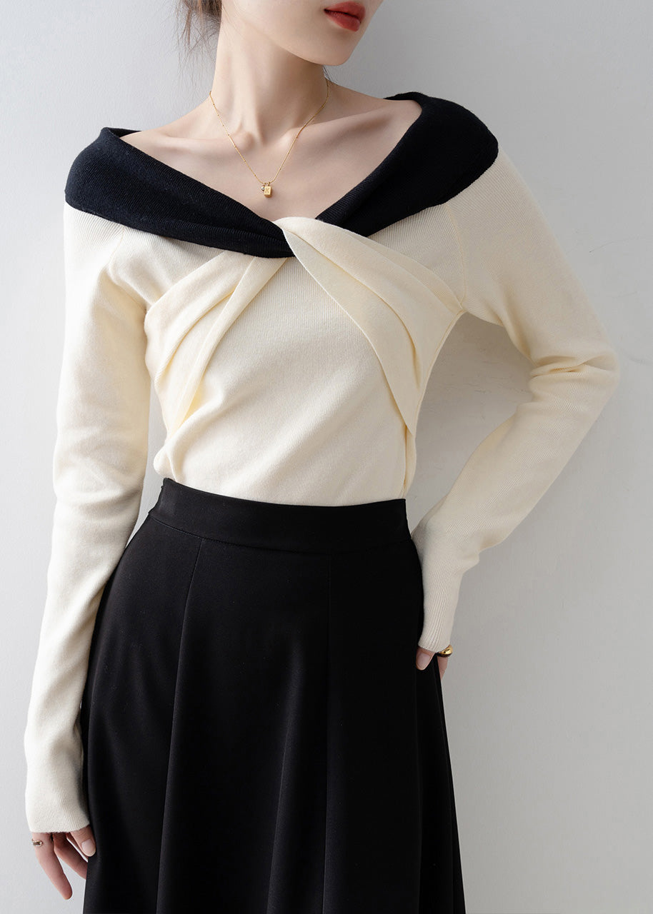 2025 New Beige Slash Neck Slim Cross Knit Top Spring