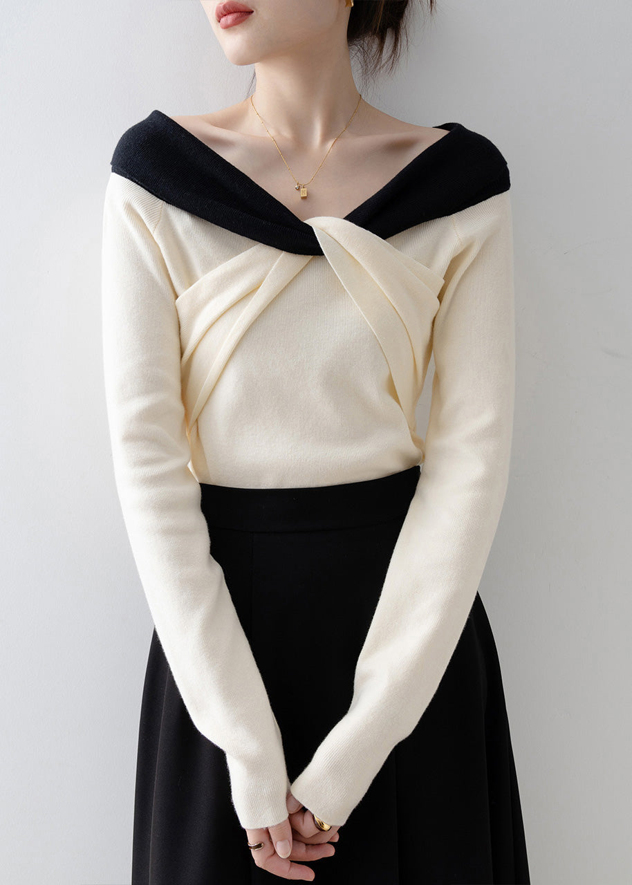 2025 New Beige Slash Neck Slim Cross Knit Top Spring