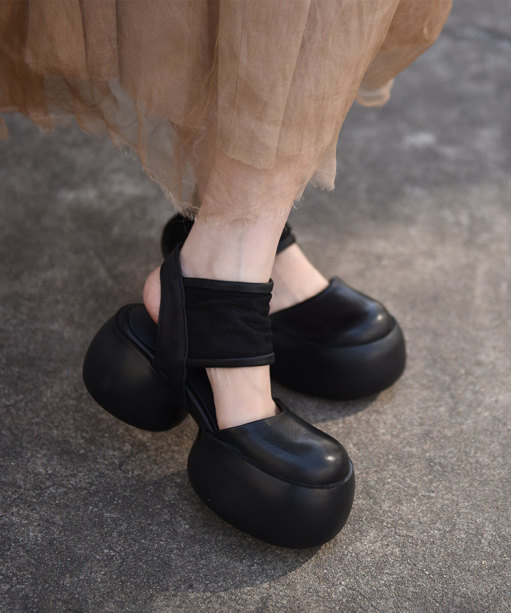2025 New Black Cowhide Leather Chunky Sandals