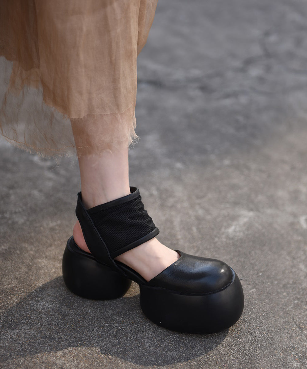 2025 New Black Cowhide Leather Chunky Sandals