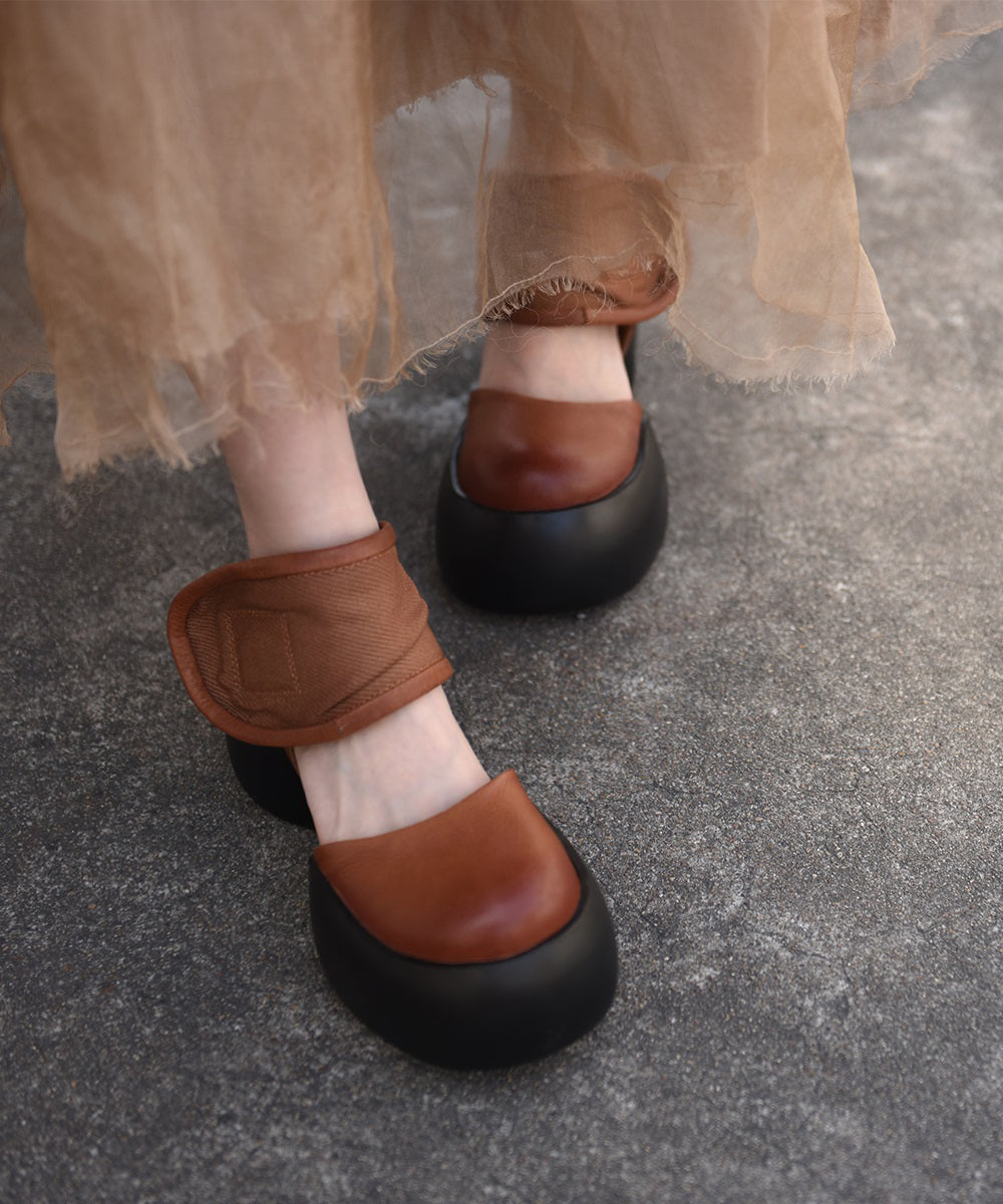 2025 New Black Cowhide Leather Chunky Sandals