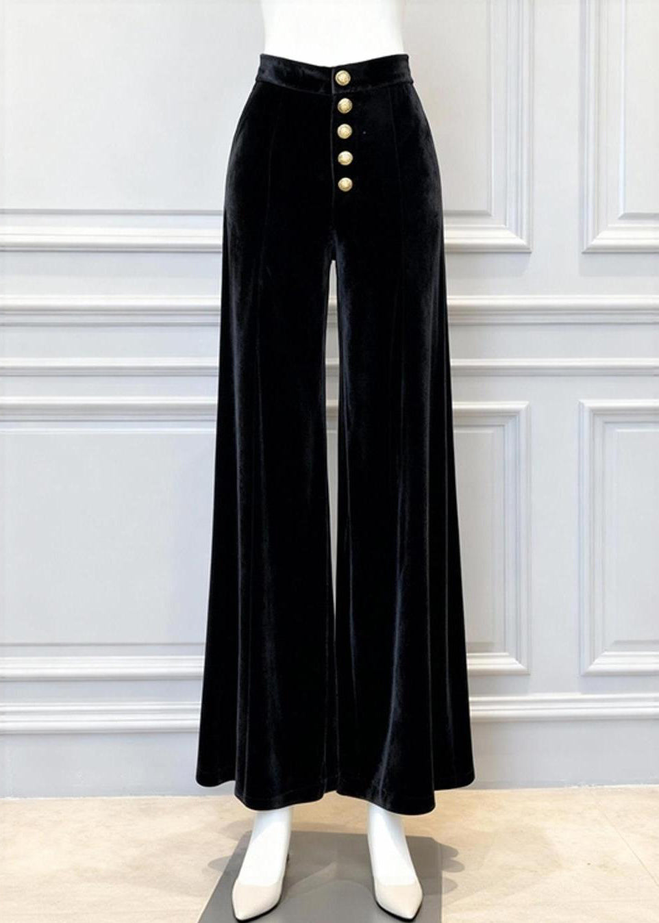 2025 New Black High Waist Silk Velvet Wide Leg Pants Winter