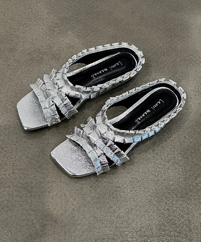 2025 New Black Wrinkled Sheepskin Slide Sandals Peep Toe