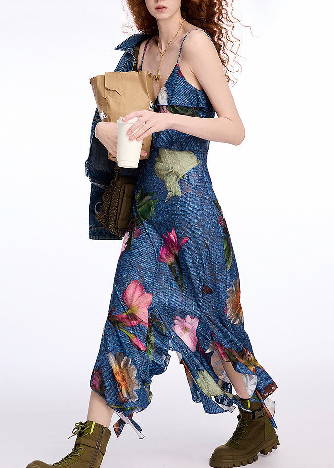 2025 New Blue Ruffled Print Cotton Spaghetti Strap Dress Summer