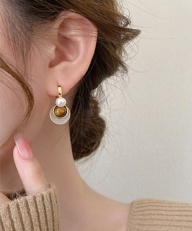 2025 New Brown Copper Overgild Tiger Eye Stone Shell Glass Hoop Earrings