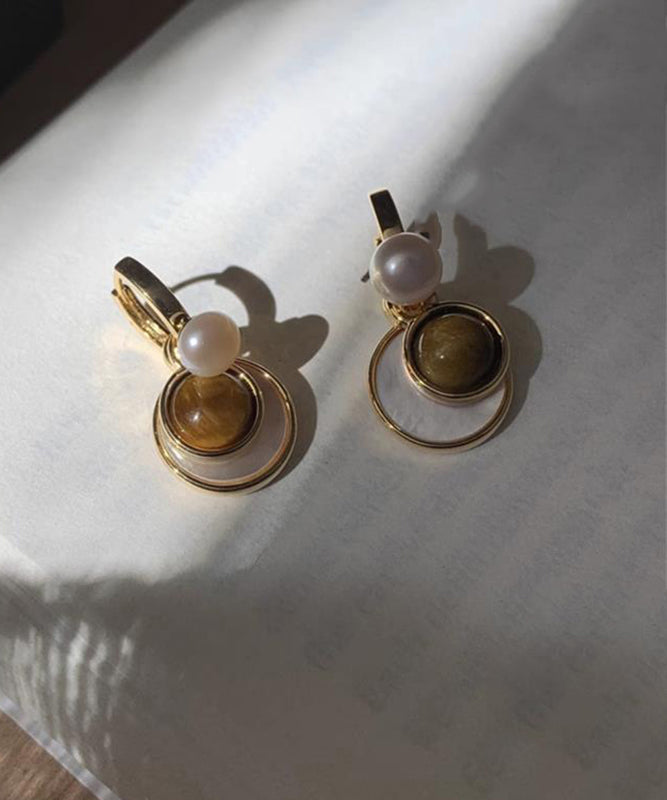2025 New Brown Copper Overgild Tiger Eye Stone Shell Glass Hoop Earrings