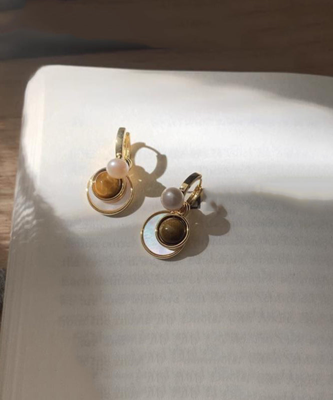 2025 New Brown Copper Overgild Tiger Eye Stone Shell Glass Hoop Earrings