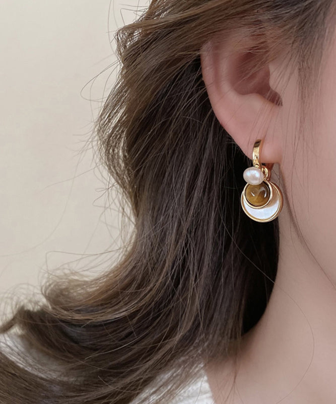 2025 New Brown Copper Overgild Tiger Eye Stone Shell Glass Hoop Earrings