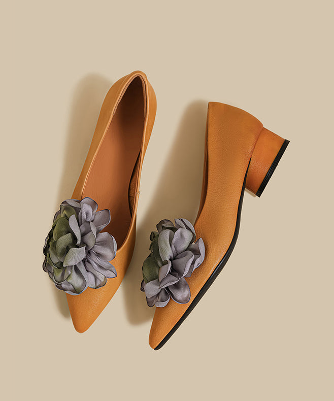 2025 New Brown Flower Cowhide Leather Chunky Heel Shoes