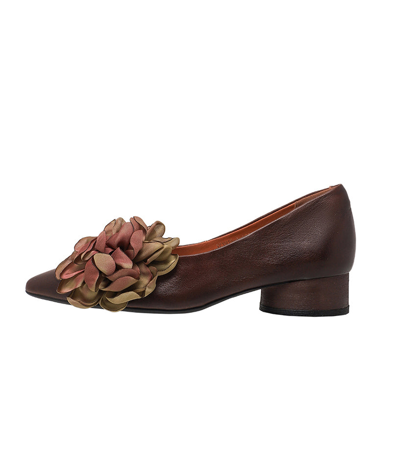 2025 New Brown Flower Cowhide Leather Chunky Heel Shoes
