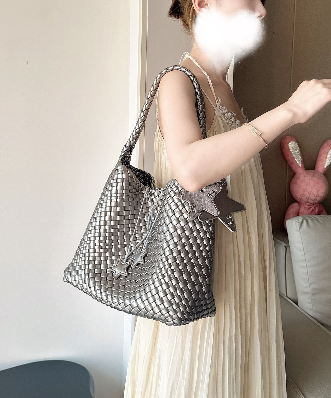 2025 New Champagne Faux Leather Large Capacity Bucket Bag