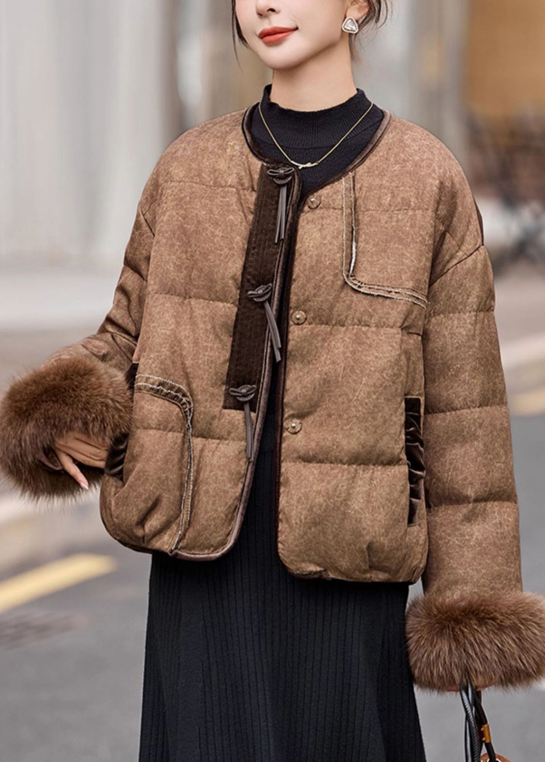 2025 New Coffee Fur Patchwork Duck Down Short Coat Winter