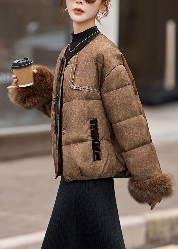 2025 New Coffee Fur Patchwork Duck Down Short Coat Winter