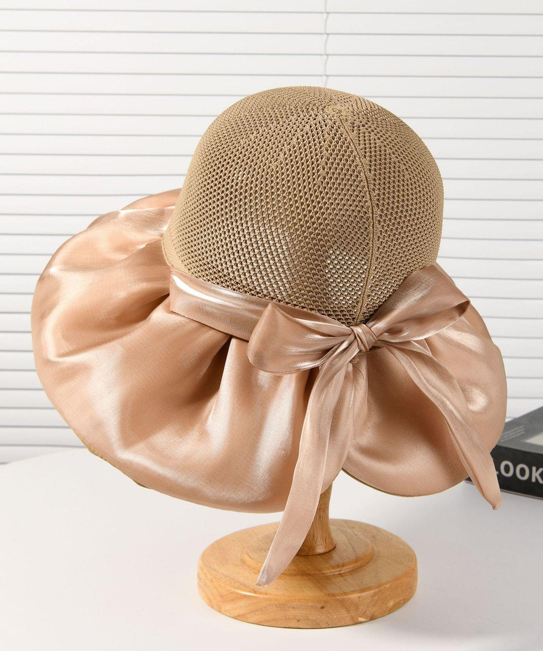 2025 New Dark Khaki Knit Patchwork Satin Bow Bucket Hat