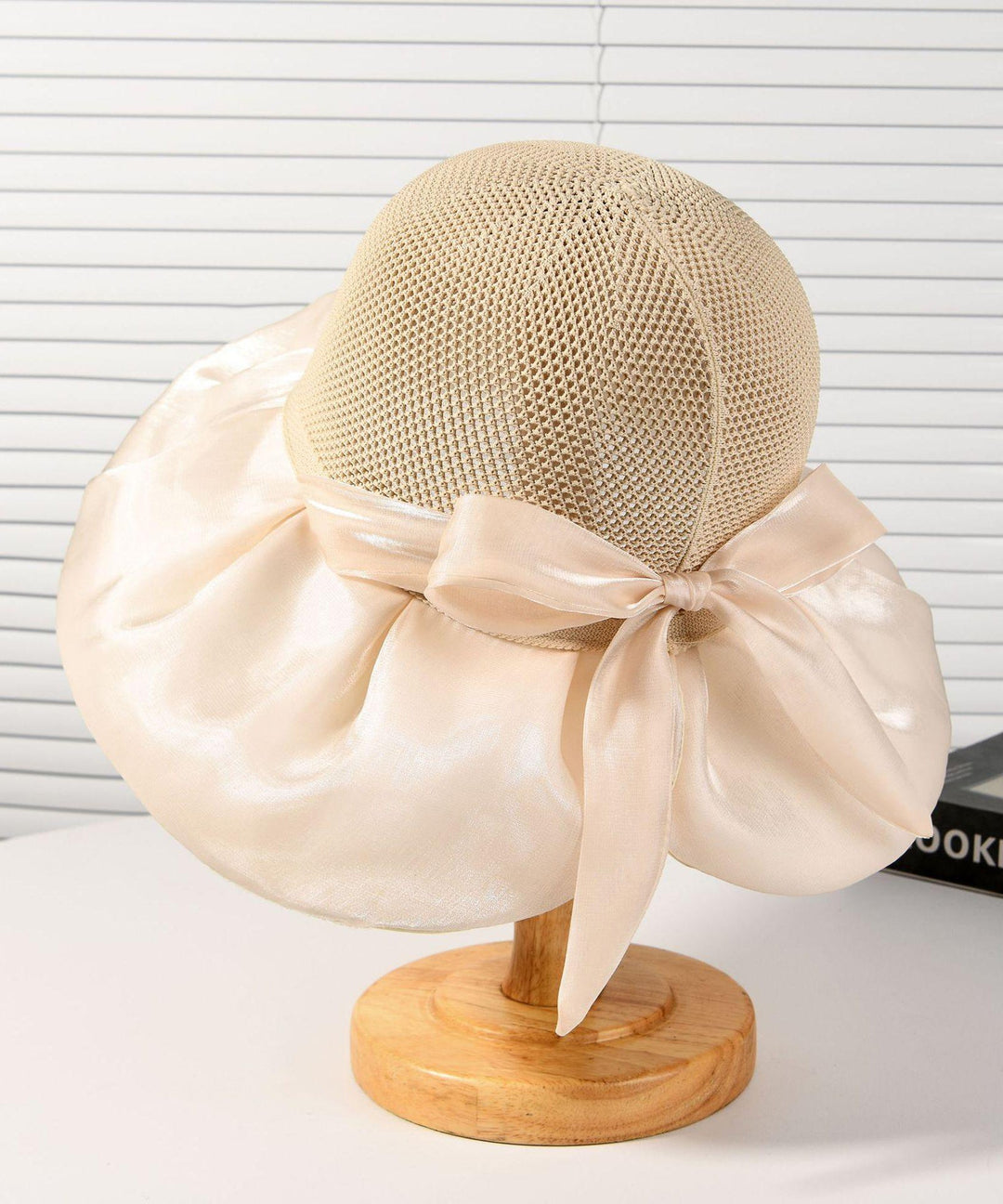 2025 New Dark Khaki Knit Patchwork Satin Bow Bucket Hat