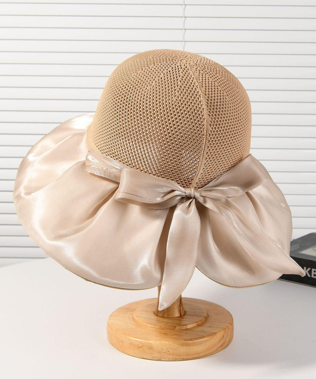 2025 New Dark Khaki Knit Patchwork Satin Bow Bucket Hat