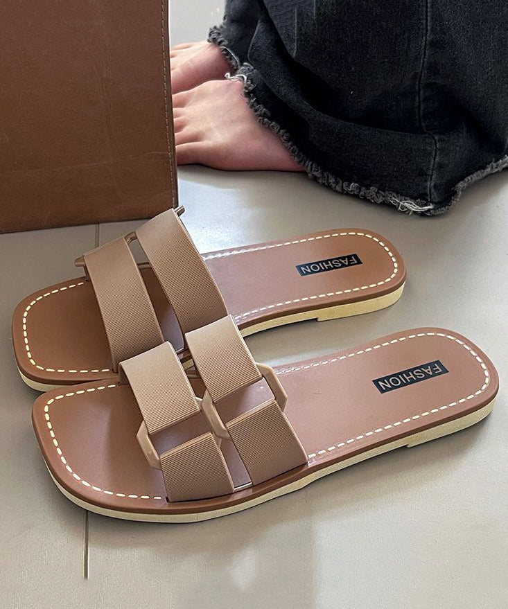 2025 New Fashion Versatile Khaki Flat Soft Slippers Peep Toe
