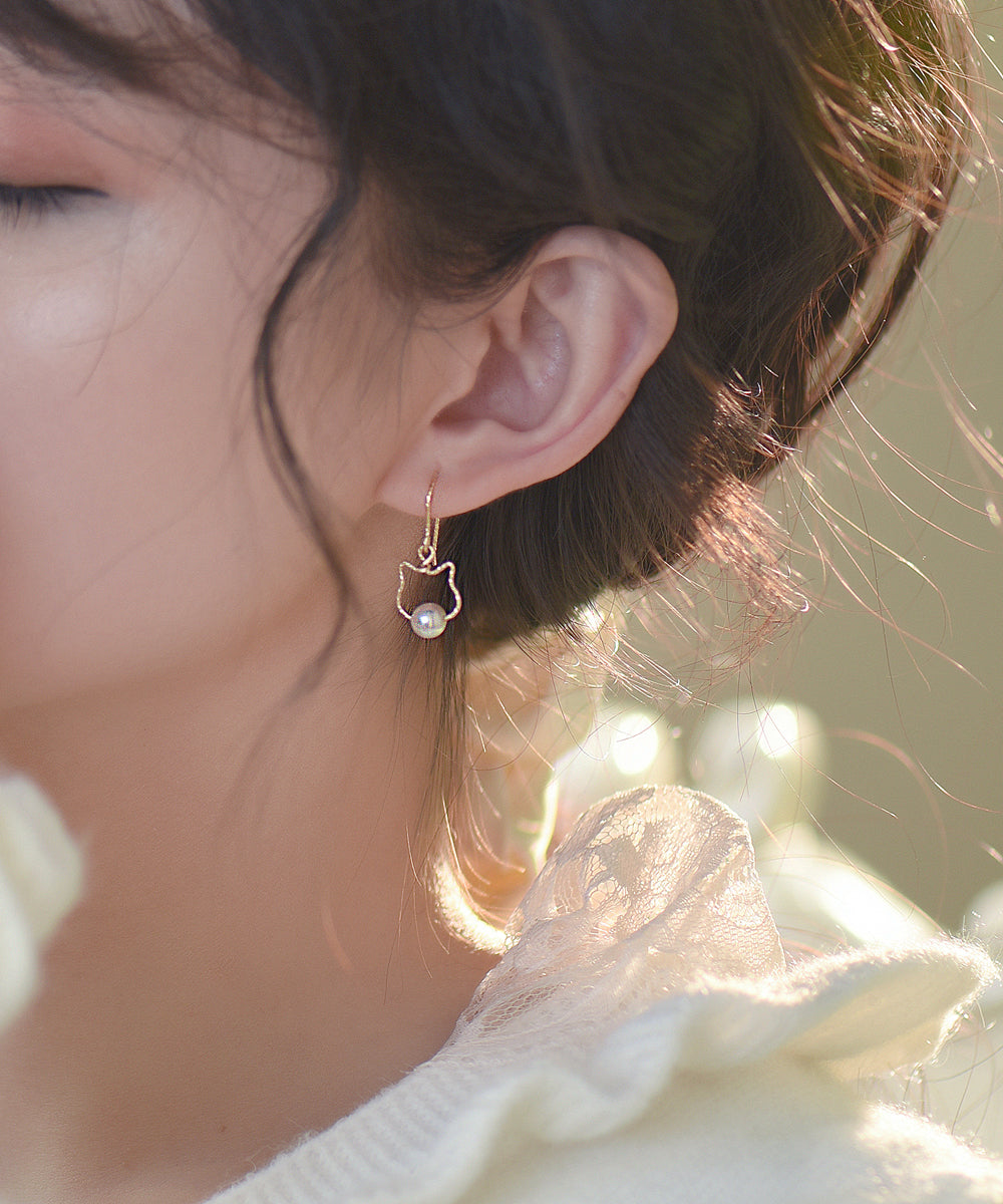2025 New Gold Alloy Pearl Little Cat Drop Earrings
