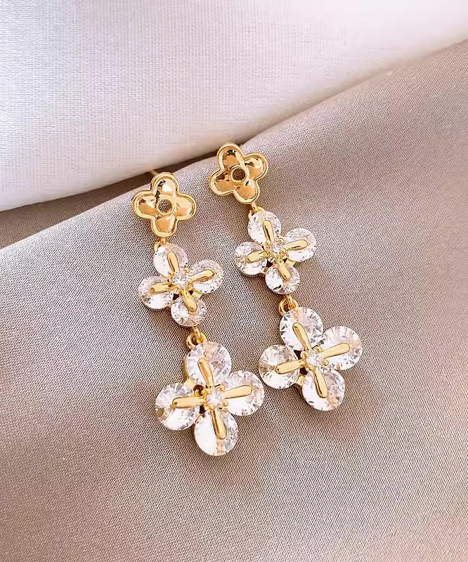 2025 New Gold Copper Zircon Floral Drop Earrings